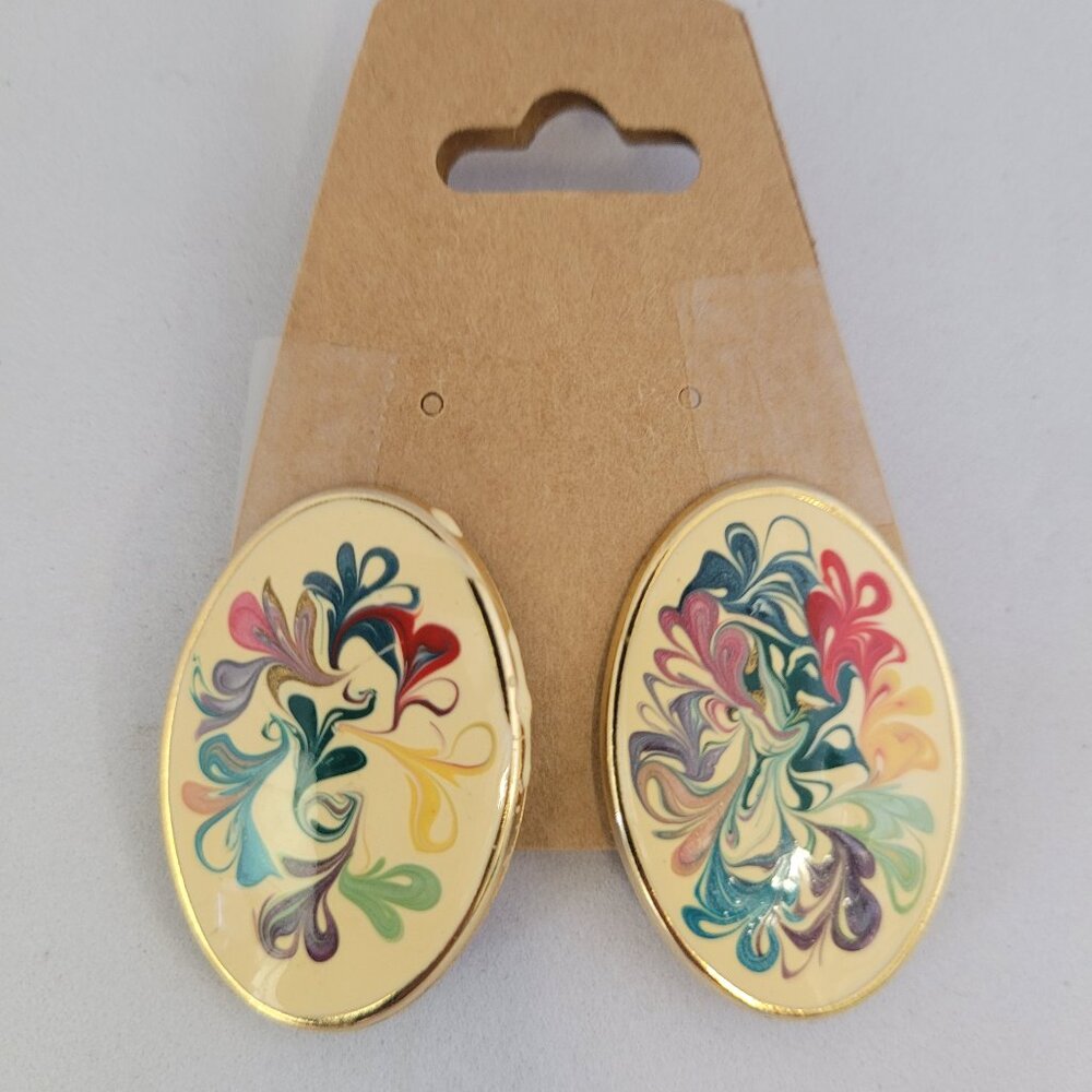 Retro Colorful Multicolor Enamel Swirl Clip-on Earrings Blue, Red, Green